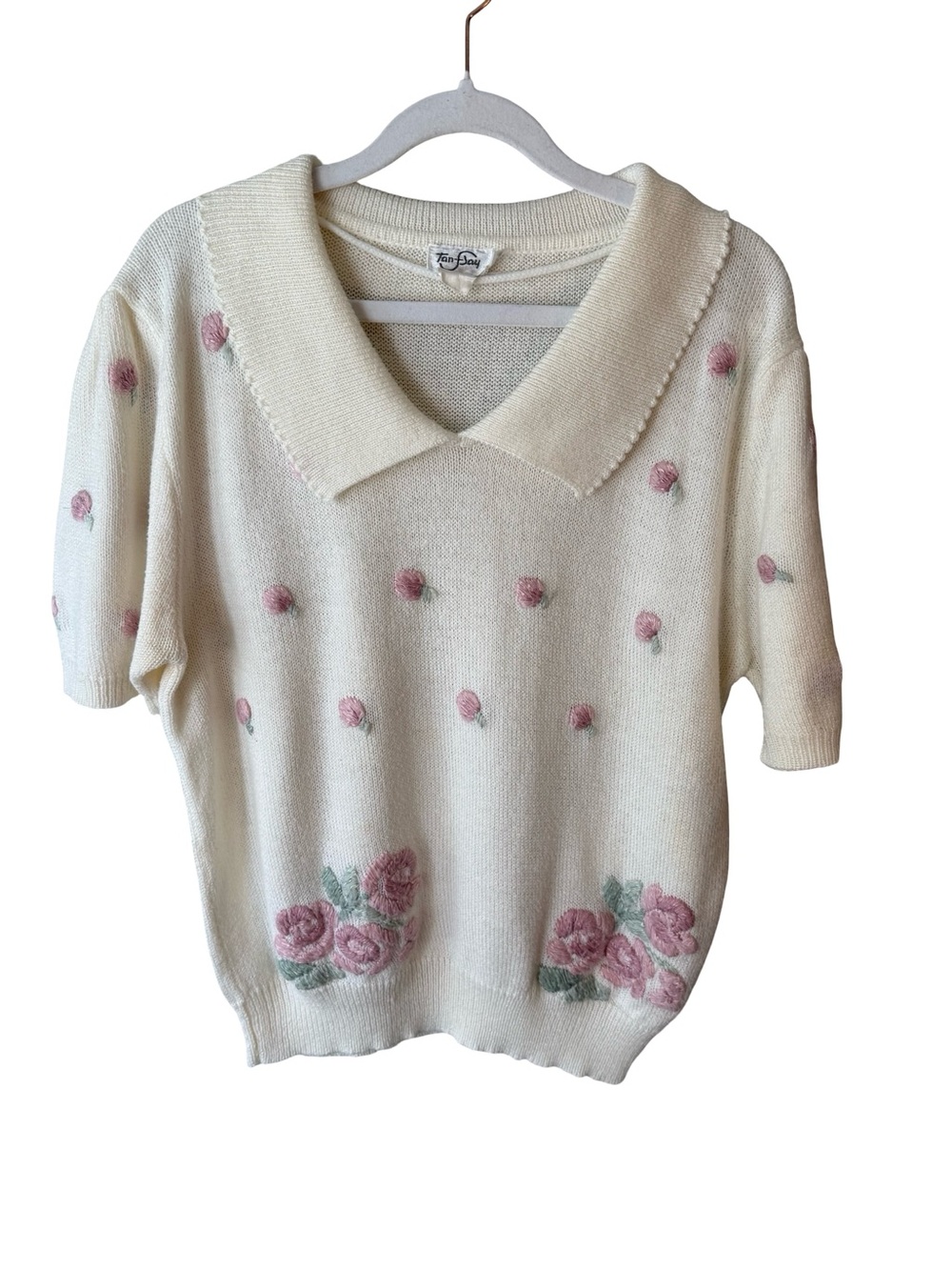Tanjay Vintage Cream Collared Knit Sweater Size L Cottagecore Coquette